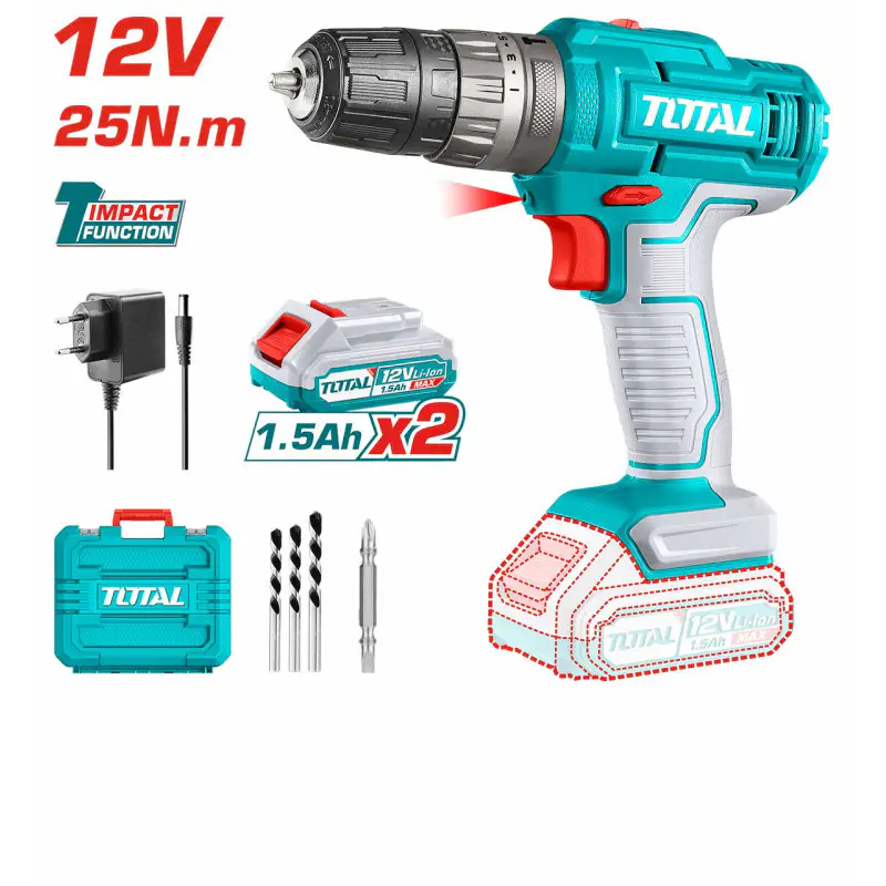 TOTAL Li-ion Cordless Impact Drill TIDLI1228 – 12V, 25Nm, 2-Speed, 22500 BPM, 18+1+1 Settings, with 2 x 1.5Ah Batteries, Charger, 3 Masonry Bits & Cr-V Bit