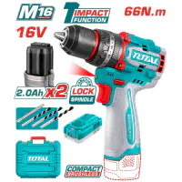 TOTAL 16V Compact Brushless Impact Drill TIDLI166062 – 66Nm Torque, 2-Speed, 30,000 BPM, with 2 x 2.0Ah Batteries, Charger, 3 Masonry Bits & Cr-V Bit