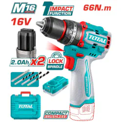 TOTAL 16V Compact Brushless Impact Drill TIDLI166062 – 66Nm Torque, 2-Speed, 30,000 BPM, with 2 x 2.0Ah Batteries, Charger, 3 Masonry Bits & Cr-V Bit