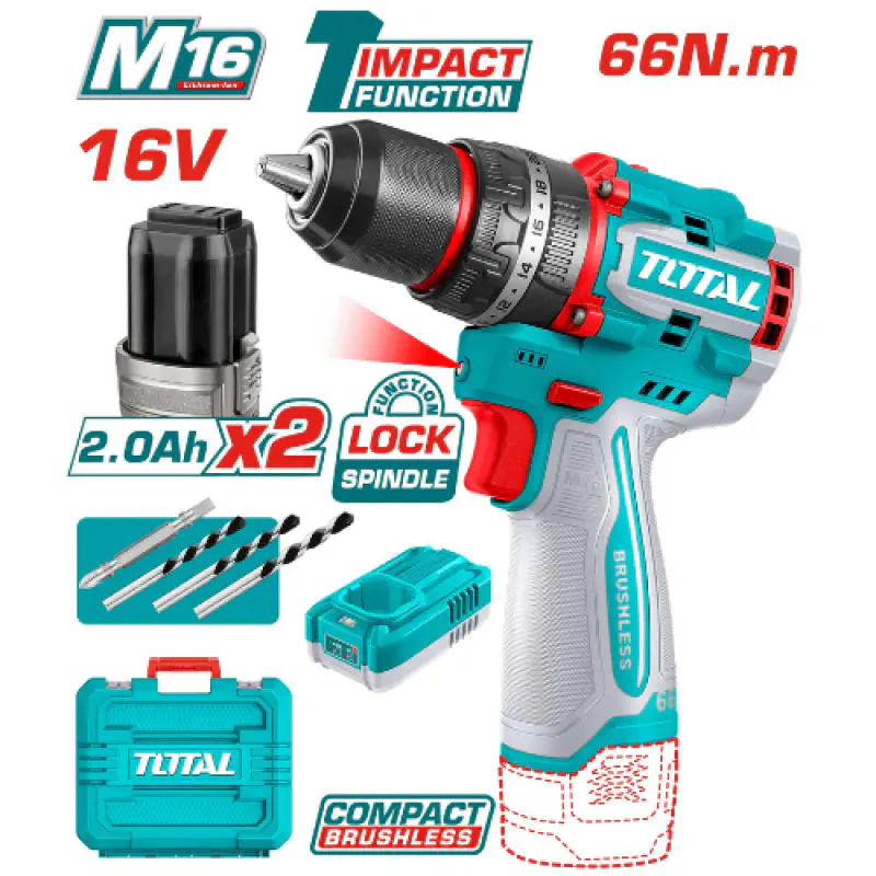TOTAL 16V Compact Brushless Impact Drill TIDLI166062 – 66Nm Torque, 2-Speed, 30,000 BPM, with 2 x 2.0Ah Batteries, Charger, 3 Masonry Bits & Cr-V Bit