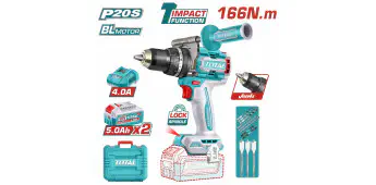TOTAL Brushless Cordless Impact Drill TIDLI201668 – 20V, 166Nm, 2-Speed, 31,500 BPM, with 2 x 5.0Ah Batteries, Charger, 3 Wood Bits, 3 Masonry Bits, 3 HSS Bits & Auxiliary Handle