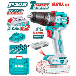 TOTAL Compact Brushless Cordless Impact Drill TIDLI20668 – 20V, 66Nm, 2-Speed, 30,000 BPM, with 2 x 2.0Ah Batteries, Charger, 47 Pcs Accessories & Carrying Case