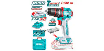 TOTAL Compact Brushless Cordless Impact Drill TIDLI20668 – 20V, 66Nm, 2-Speed, 30,000 BPM, with 2 x 2.0Ah Batteries, Charger, 47 Pcs Accessories & Carrying Case