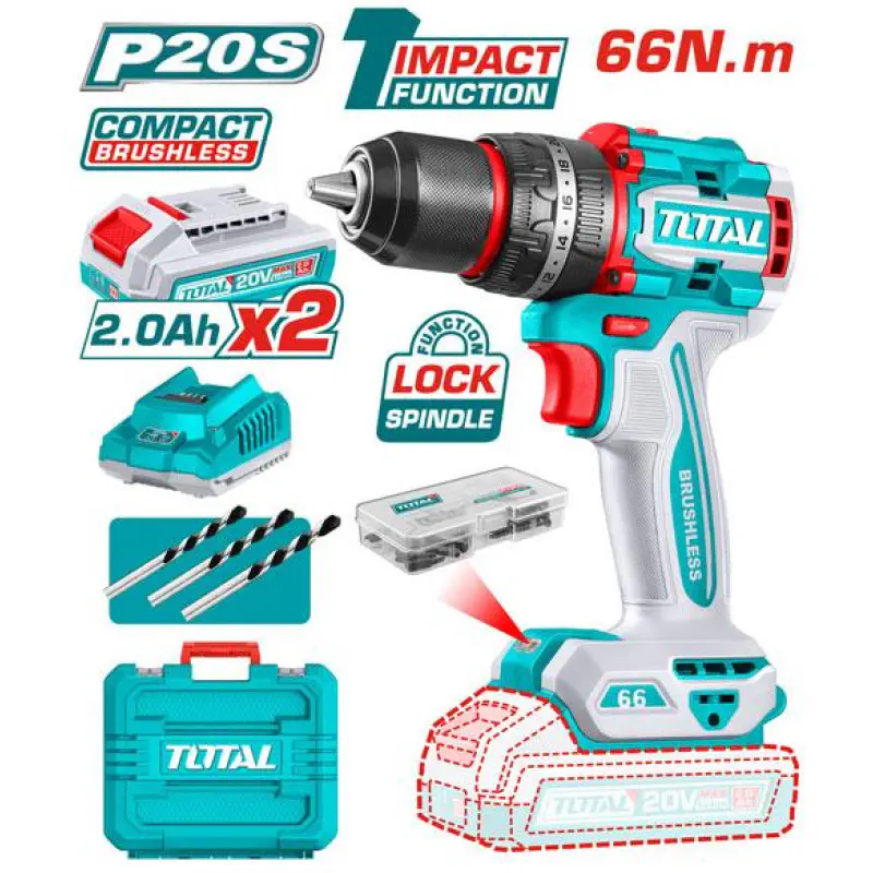 TOTAL Compact Brushless Cordless Impact Drill TIDLI20668 – 20V, 66Nm, 2-Speed, 30,000 BPM, with 2 x 2.0Ah Batteries, Charger, 47 Pcs Accessories & Carrying Case