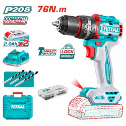 TOTAL Li-ion Compact Brushless Impact Drill TIDLI20768 – 20V, 66Nm, 2-Speed, 30,000 BPM, with 2 x 2.0Ah Batteries, Charger, 3 Masonry Bits & 47 Accessories