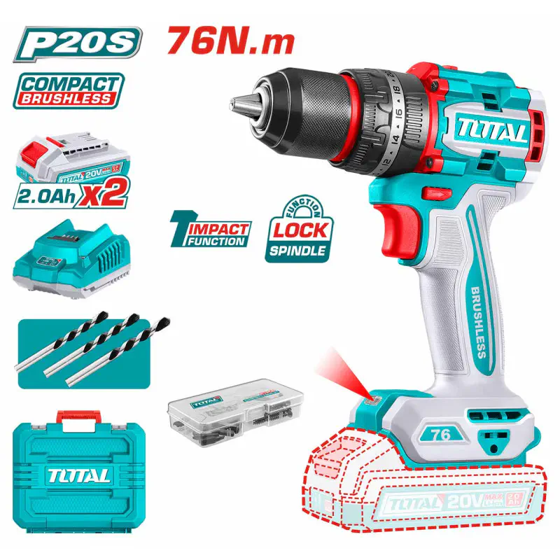 TOTAL Li-ion Compact Brushless Impact Drill TIDLI20768 – 20V, 66Nm, 2-Speed, 30,000 BPM, with 2 x 2.0Ah Batteries, Charger, 3 Masonry Bits & 47 Accessories