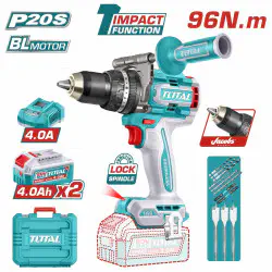 TOTAL Brushless Cordless Impact Drill TIDLI209686 – 20V, 96Nm, 2-Speed, 30,000 BPM, with 2 x 4.0Ah Batteries, Charger, 3 Wood Bits, 3 Masonry Bits, 3 HSS Bits & Auxiliary Handle