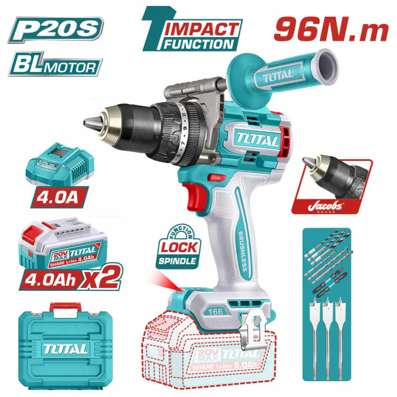TOTAL Brushless Cordless Impact Drill TIDLI209686 – 20V, 96Nm, 2-Speed, 30,000 BPM, with 2 x 4.0Ah Batteries, Charger, 3 Wood Bits, 3 Masonry Bits, 3 HSS Bits & Auxiliary Handle
