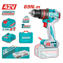 TOTAL Li-ion Compact Brushless Impact Drill TIDLI426981 – 42V, 69Nm, 2-Speed, 30,000 BPM, with 2.0Ah Battery, Charger, 3 Masonry Bits, 2 Impact Bits & 47 Accessories