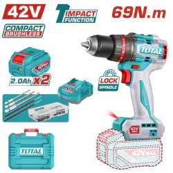 TOTAL Compact Brushless Cordless Impact Drill TIDLI426982 – 42V, 69Nm, 2-Speed, 30,000 BPM, with 2 x 2.0Ah Batteries, Charger, 3 Masonry Bits, 2 Impact Bits & 47 Accessories