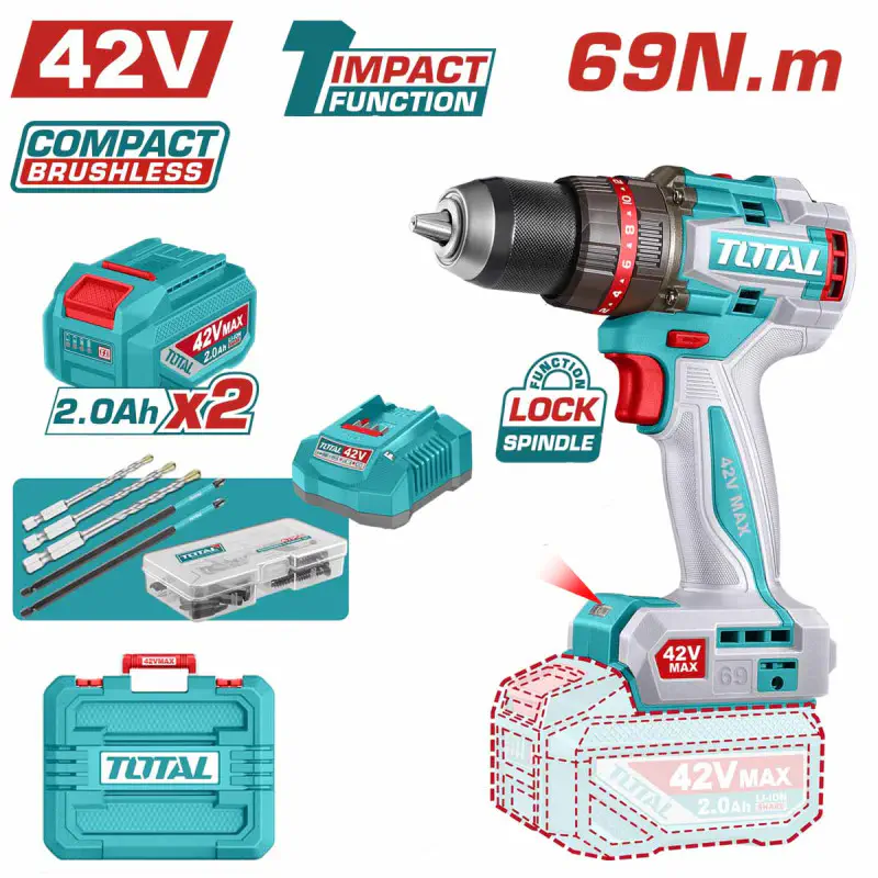TOTAL Compact Brushless Cordless Impact Drill TIDLI426982 – 42V, 69Nm, 2-Speed, 30,000 BPM, with 2 x 2.0Ah Batteries, Charger, 3 Masonry Bits, 2 Impact Bits & 47 Accessories