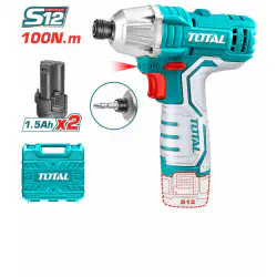 TOTAL Li-ion Impact Driver TIRLI1201 – 12V, 100Nm, 2000rpm, 2800bpm, 1/4" Hex, with 2 x 1.5Ah Batteries & Accessories