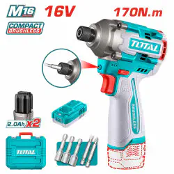 TOTAL Li-ion Impact Driver TIRLI16178 – 16V Brushless, 170Nm, 2700rpm, 3500bpm, 6.35mm Hex, with 2 x 2.0Ah Batteries & Accessories