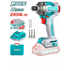 TOTAL Li-ion Impact Driver TIRLI2028 – 20V Brushless, 285Nm, 3-Speed (2600rpm), 2900 BPM, with 2 x 2.0Ah Batteries, Charger & 3 Nut Setters