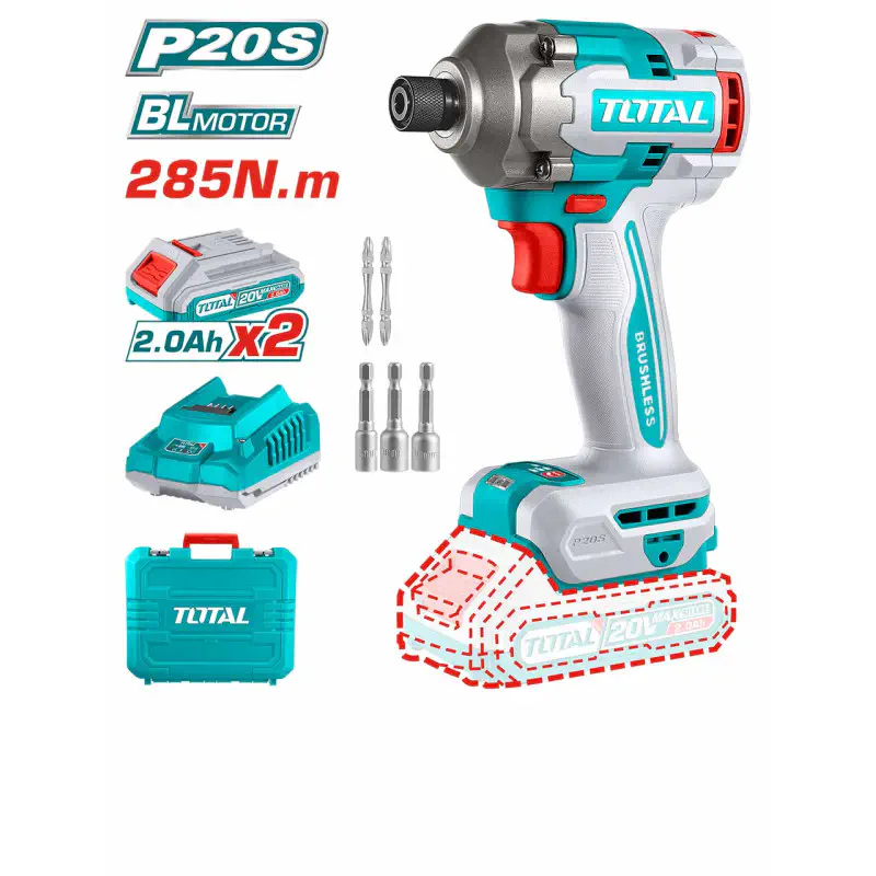 TOTAL Li-ion Impact Driver TIRLI2028 – 20V Brushless, 285Nm, 3-Speed (2600rpm), 2900 BPM, with 2 x 2.0Ah Batteries, Charger & 3 Nut Setters