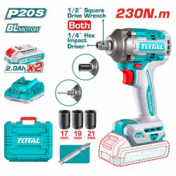 TOTAL Li-ion Impact Driver & Wrench TIWLI20236 – 20V Brushless, 230Nm, 3-Speed, 2900 BPM, with 1/2" Square Drive & 6.35mm Hex, 2 x 2.0Ah Batteries & 3 Sockets