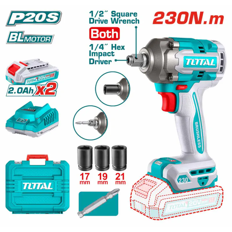 TOTAL Li-ion Impact Driver & Wrench TIWLI20236 – 20V Brushless, 230Nm, 3-Speed, 2900 BPM, with 1/2" Square Drive & 6.35mm Hex, 2 x 2.0Ah Batteries & 3 Sockets