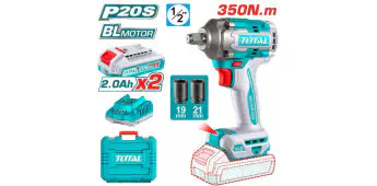 TOTAL Li-ion Impact Wrench TIWLI2035 – 20V Brushless, 350Nm Fastening Torque, 450Nm Nut-Busting, 1/2" Square Drive, 2 x 2.0Ah Batteries & Charger