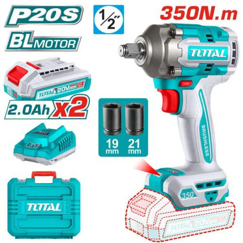 TOTAL Li-ion Impact Wrench TIWLI2035 – 20V Brushless, 350Nm Fastening Torque, 450Nm Nut-Busting, 1/2" Square Drive, 2 x 2.0Ah Batteries & Charger