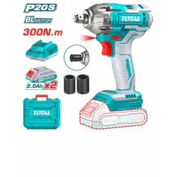 TOTAL Li-ion Impact Wrench TIWLI2038 – 20V Brushless, 300Nm, 1/2" Square Drive, 2-Speed, with 2 x 2.0Ah Batteries, Charger & 2 Sockets