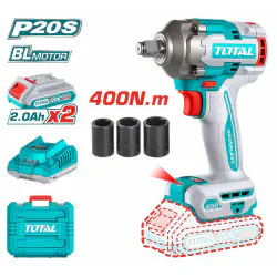 TOTAL Li-ion Impact Wrench TIWLI2040 – 20V Brushless, 400Nm Fastening / 550Nm Nut-Busting, 1/2" Square Drive, 3-Speed, with 2 x 2.0Ah Batteries, Charger & 3 Sockets