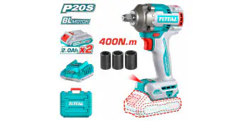 TOTAL Li-ion Impact Wrench TIWLI2040 – 20V Brushless, 400Nm Fastening / 550Nm Nut-Busting, 1/2" Square Drive, 3-Speed, with 2 x 2.0Ah Batteries, Charger & 3 Sockets