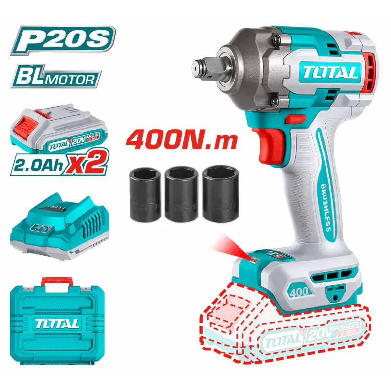 TOTAL Li-ion Impact Wrench TIWLI2040 – 20V Brushless, 400Nm Fastening / 550Nm Nut-Busting, 1/2" Square Drive, 3-Speed, with 2 x 2.0Ah Batteries, Charger & 3 Sockets