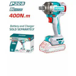 TOTAL Li-ion Impact Wrench TIWLI20401 – 20V Brushless, 400Nm Fastening / 550Nm Nut-Busting, 1/2" Square Drive, 3-Speed, with 3 Sockets & Carrying Case (Tool Only)