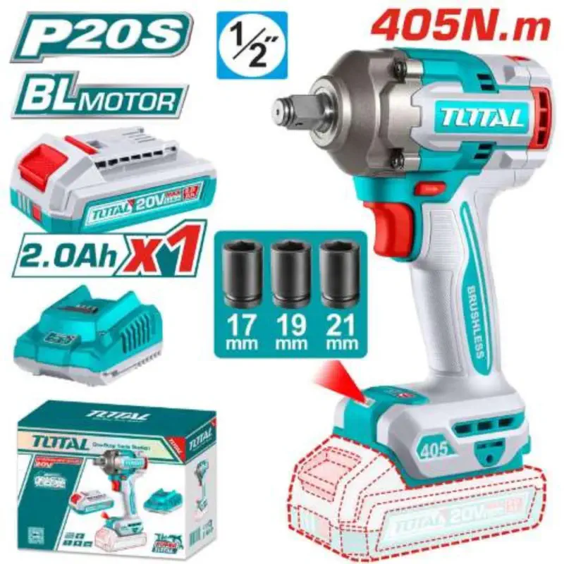 TOTAL Li-ion Impact Wrench TIWLI20455 – 20V Brushless, 405Nm Fastening / 555Nm Breakaway, 1/2" Square Drive, 3-Speed, with 2.0Ah Battery, Charger & 3 Sockets