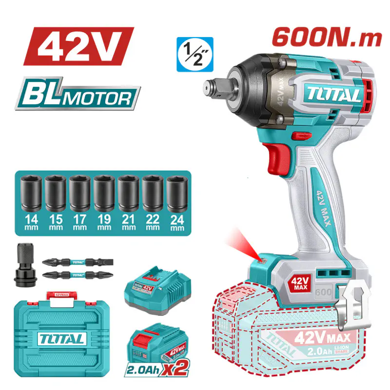 TOTAL Li-ion Cordless Impact Wrench TIWLI42602 – 42V Brushless, 600Nm Fastening / 750Nm Nut-Busting, 1/2" Square Drive, 3-Speed, with 2 x 2.0Ah Batteries, Charger & 7 Sockets