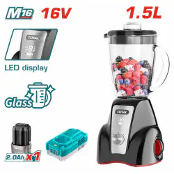 TOTAL Li-ion Cordless Stand Blender 16V, 300W, 1.5L Glass Jug, 4-Blade Stainless Steel, 2-Speed with Pulse, with 2.0Ah Battery & Charger TJB052K