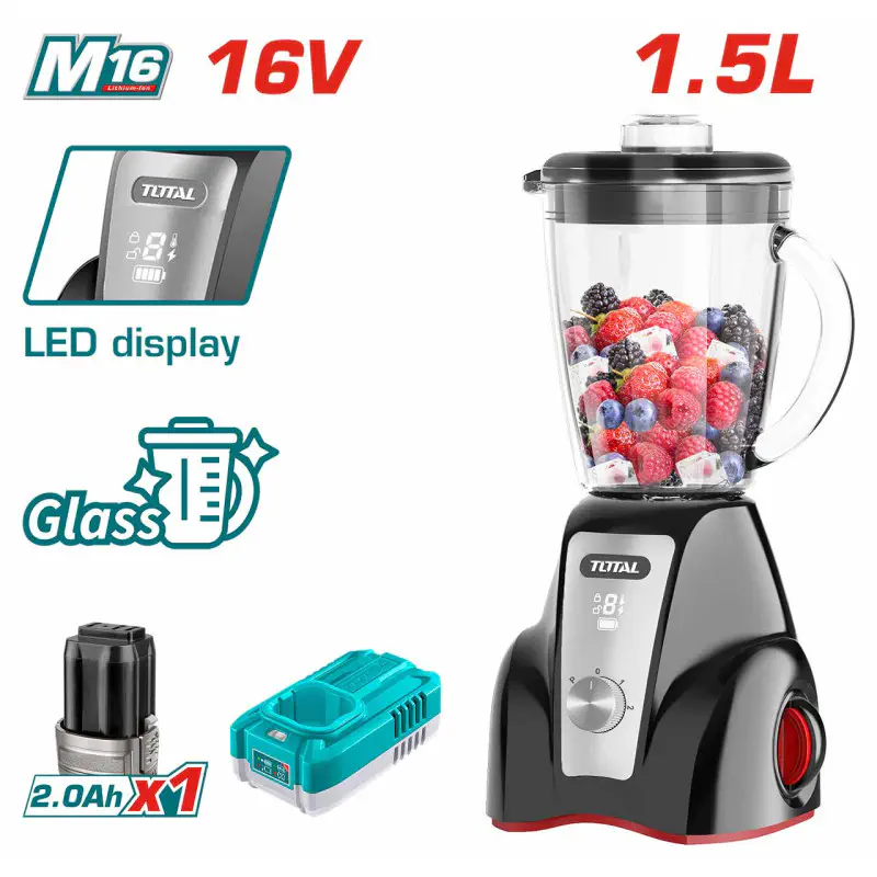 TOTAL Li-ion Cordless Stand Blender 16V, 300W, 1.5L Glass Jug, 4-Blade Stainless Steel, 2-Speed with Pulse, with 2.0Ah Battery & Charger TJB052K