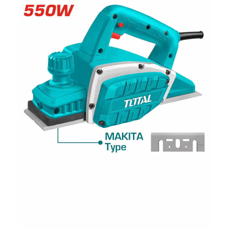 TOTAL Electric Planer 550W, 16,000 rpm, 82mm Width, 0-1mm Depth, Aluminum Base & Side Covers, with Parallel Guide & Socket Wrench TL5508216