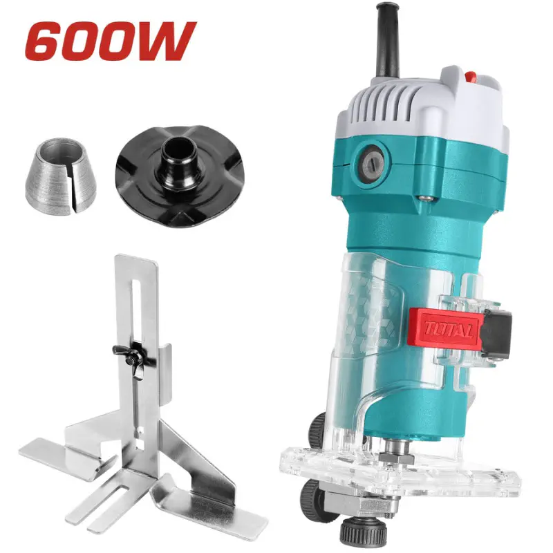 TOTAL Laminate Trimmer 600W, 34,500 rpm, 6mm & 1/4" Collets, 40mm Plunge Depth, with Template, Straight & Roller Guides, Extra Carbon Brushes TLT6001