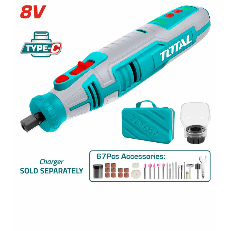TOTAL Li-ion Cordless Grinder TMGLI0801 – 8V, 5000-28000 rpm Variable Speed, 3.2mm Collet, USB Type-C, 67 Pcs Accessories & Canvas Bag