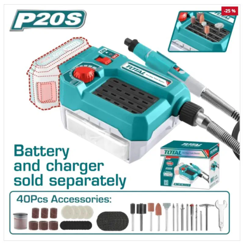 TOTAL Cordless Grinder TMGLI2001 – 20V, 5000-33000 RPM, 3.2mm Collet, Variable Speed, with 40 Accessories & Flexible Shaft (Tool Only)