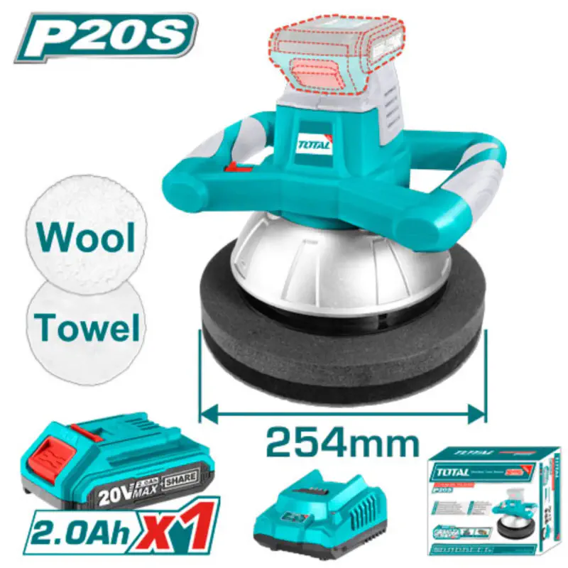 TOTAL Cordless Orbital Polisher TOPLI2025481 – 20V Brushless, 2500 rpm, 254mm (10") Disc, 5mm Eccentric, with 2.0Ah Battery, Charger & 2 Bonnets