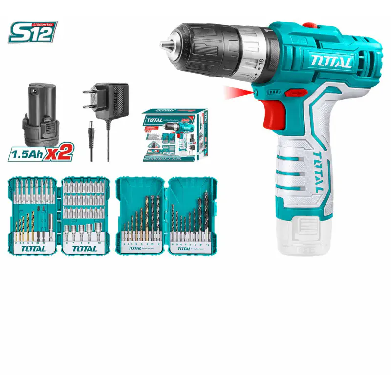TOTAL Li-ion Impact Drill TOSLI23022 – 12V, 20Nm, 2-Speed, 22500 BPM, with 2 x 1.5Ah Batteries, Charger, 45 Pcs Bit Set & 16 Pcs Drill Bit Set