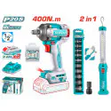 TOTAL Li-ion 2 Pcs Combo Kit TOSLI23048 – 20V Brushless Impact Wrench (550Nm) & LED Work Lamp with 2 x 2.0Ah Batteries, Charger, 10 Sockets & 10 Bits