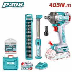 TOTAL Li-ion 2 Pcs Combo Kit TOSLI23056 – 20V Brushless Impact Wrench (405Nm Fastening / 555Nm Breakaway) & LED Work Lamp with 2 x 2.0Ah Batteries, Charger, 10 Sockets & 10 Bits