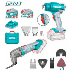 TOTAL Li-ion 2 Pcs Combo Kit TOSLI230705 – 20V Multi-Tool & Heat Gun with 2 x Batteries (4.0Ah + 2.0Ah), Charger & Carrying Case