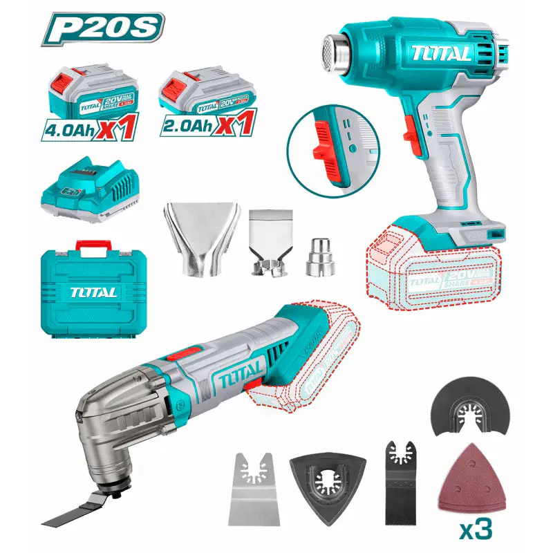 TOTAL Li-ion 2 Pcs Combo Kit TOSLI230705 – 20V Multi-Tool & Heat Gun with 2 x Batteries (4.0Ah + 2.0Ah), Charger & Carrying Case