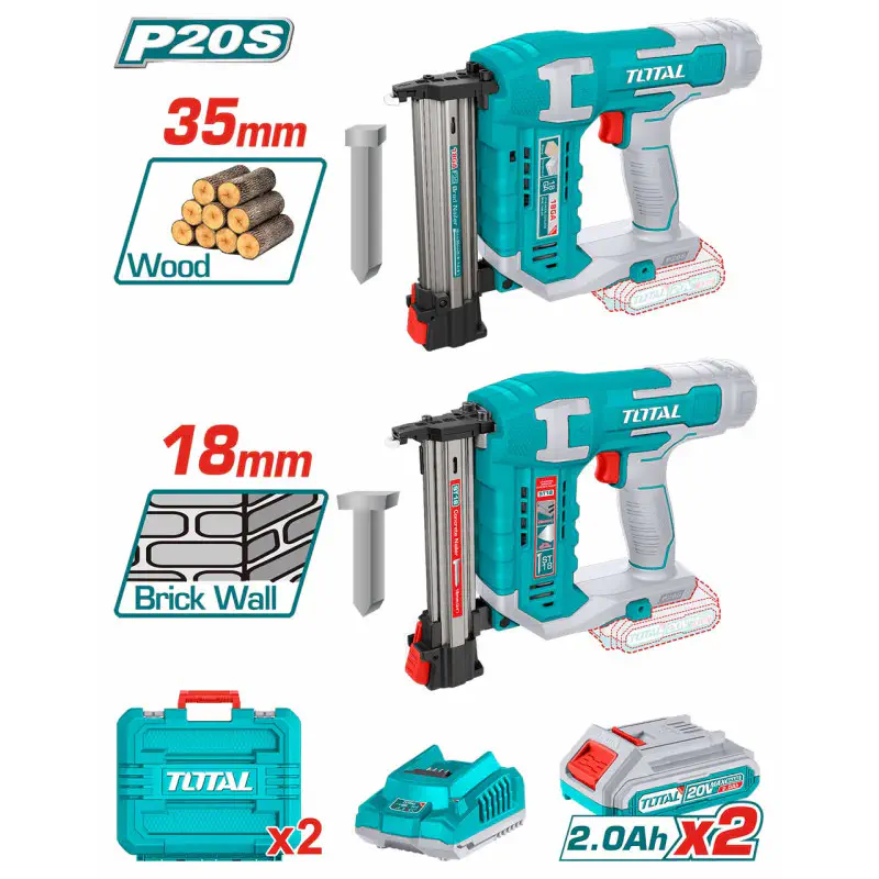 TOTAL Li-ion 2 Pcs Combo Kit 20V Cordless Brad Nailer & Concrete Nailer with 2 x 2.0Ah Batteries, Charger, 1000 Brad Nails & 200 Concrete Nails TOSLI240301