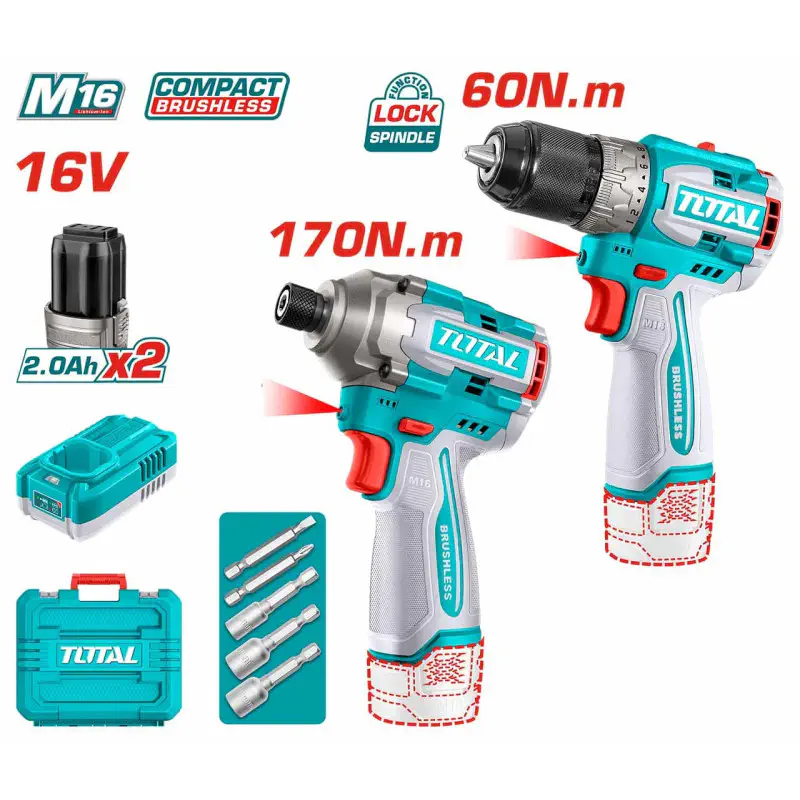 TOTAL Li-ion 2 Pcs Combo Kit TOSLI240968 – 16V Brushless Drill (60Nm) & Brushless Impact Driver (170Nm) with 2 x 2.0Ah Batteries, Charger & Accessories