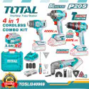 TOTAL Li-ion 4 Pcs Combo Kit TOSLI240969 – 20V Brushless Impact Wrench (550Nm), Impact Drill (66Nm), Multi-Tool & Heat Gun with 2 x 5.0Ah Batteries, Charger & 60+ Accessories