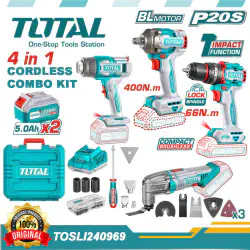 TOTAL Li-ion 4 Pcs Combo Kit TOSLI240969 – 20V Brushless Impact Wrench (550Nm), Impact Drill (66Nm), Multi-Tool & Heat Gun with 2 x 5.0Ah Batteries, Charger & 60+ Accessories