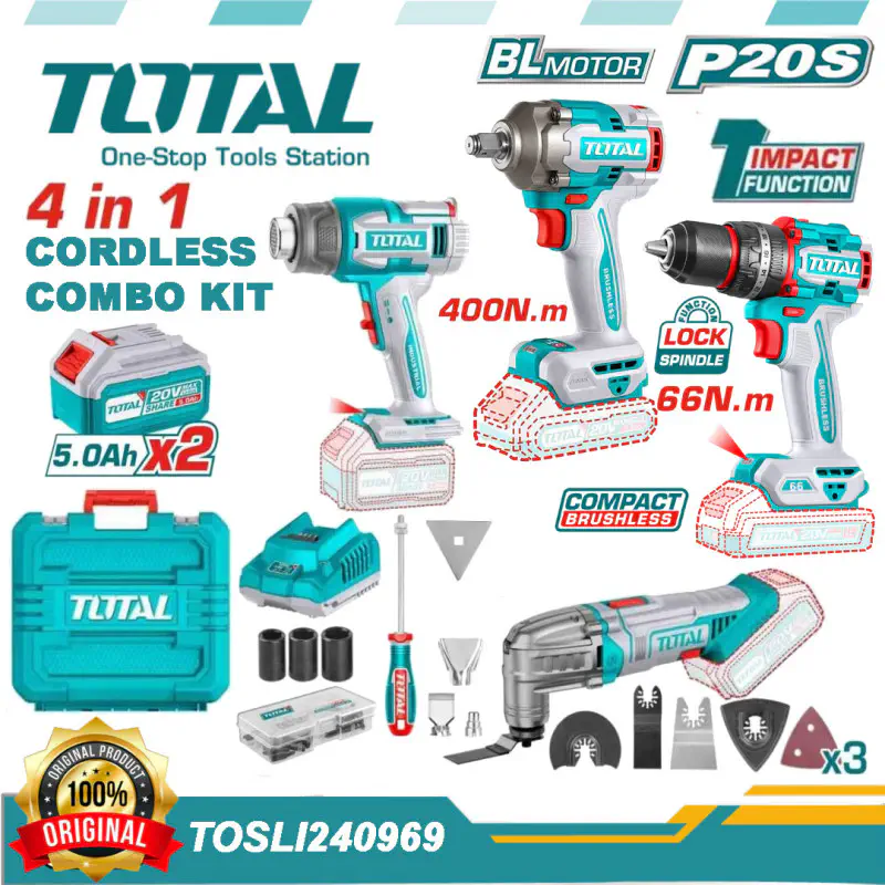 TOTAL Li-ion 4 Pcs Combo Kit TOSLI240969 – 20V Brushless Impact Wrench (550Nm), Impact Drill (66Nm), Multi-Tool & Heat Gun with 2 x 5.0Ah Batteries, Charger & 60+ Accessories