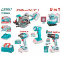 TOTAL Li-ion 5 Pcs Combo Kit TOSLI241081 – 20V Brushless Circular Saw, Impact Drill, Impact Driver, Sheet Sander & Work Lamp with 2.0Ah + 4.0Ah Batteries, Charger & 60+ Accessories