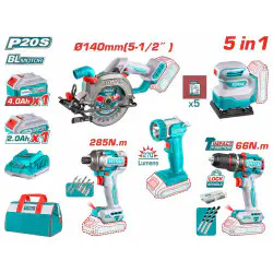 TOTAL Li-ion 5 Pcs Combo Kit TOSLI241081 – 20V Brushless Circular Saw, Impact Drill, Impact Driver, Sheet Sander & Work Lamp with 2.0Ah + 4.0Ah Batteries, Charger & 60+ Accessories