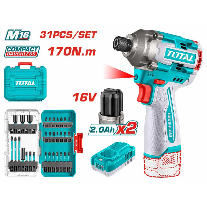TOTAL Brushless Li-ion Impact Driver TOSLI241083 – 16V, 170Nm, 2-Speed, 3500 BPM, with 2 x 2.0Ah Batteries, Charger & 31 Pcs Impact Bit Set